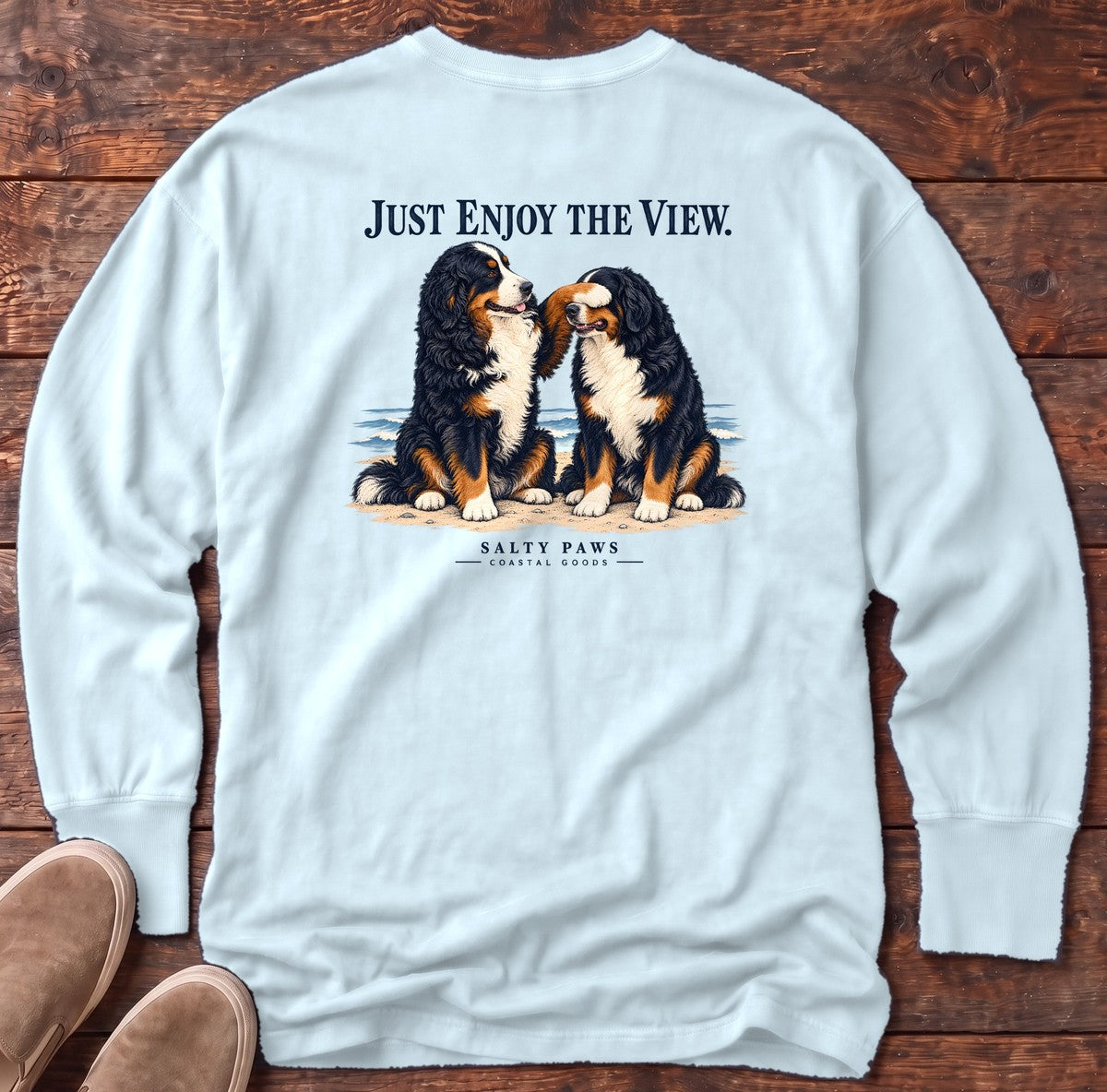Just Enjoy the View Bernese Back Design Long Sleeve Tee in Chambray, Salty Paws Comfort Colors long sleeve tee