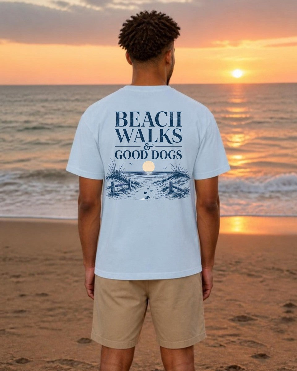 Beach Walks and Good Dogs Back Design Comfort Colors T-Shirt in Chambray, worn by a model