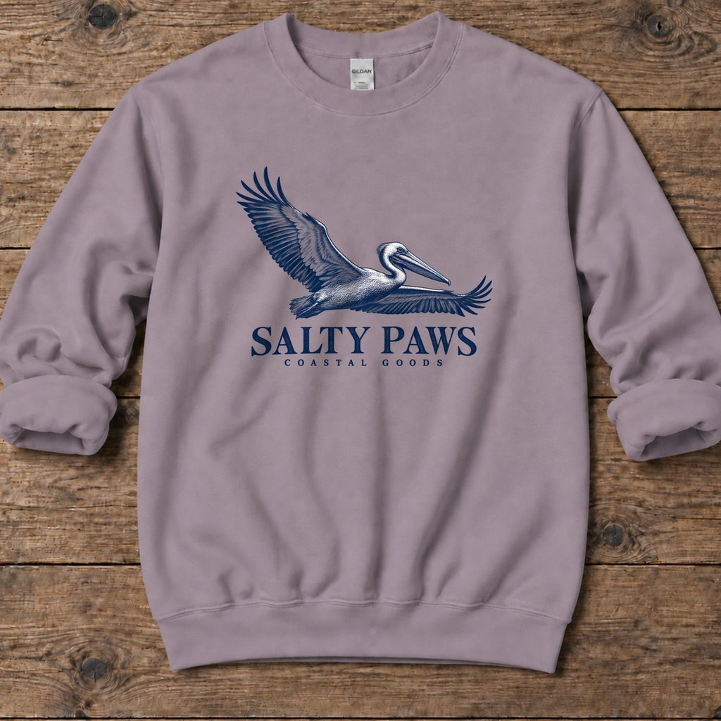 Gliding Pelican Coastal Goods Midweight Sweatshirt in Paragon, Salty Paws Midweight Sweatshirt, front design flat lay