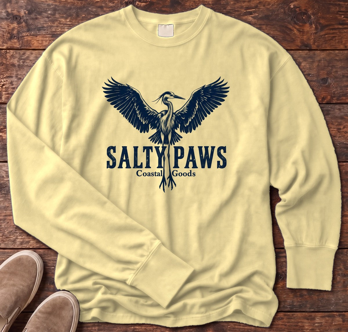 Rising Heron Salty Paws Coastal Goods Long Sleeve Tee in Butter, Salty Paws Comfort Colors Long Sleeve Tee, front design flat lay