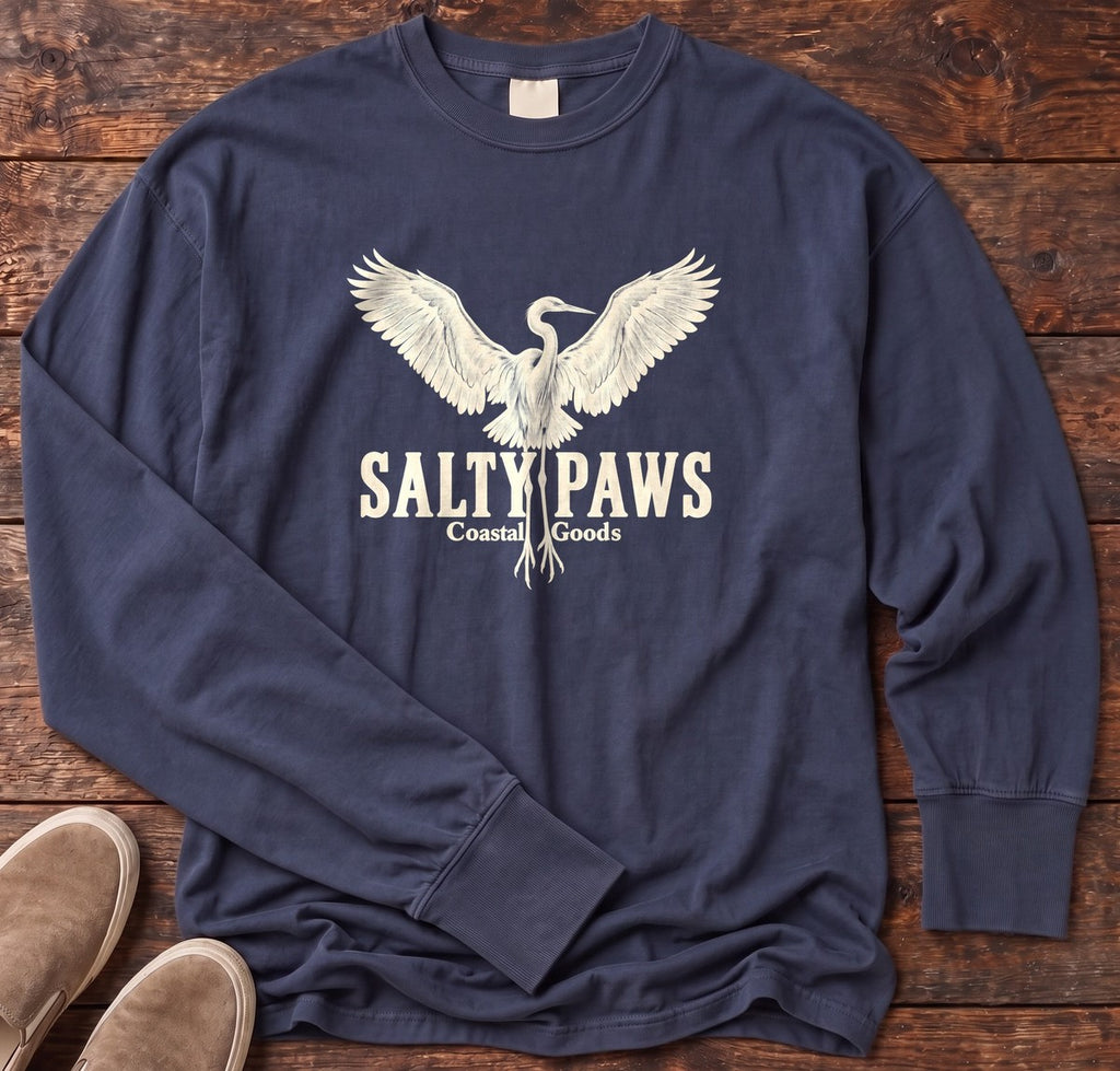 Rising Egret Salty Paws Coastal Goods Long Sleeve Tee in True Navy, Salty Paws Comfort Colors Long Sleeve Tee, front design flat lay