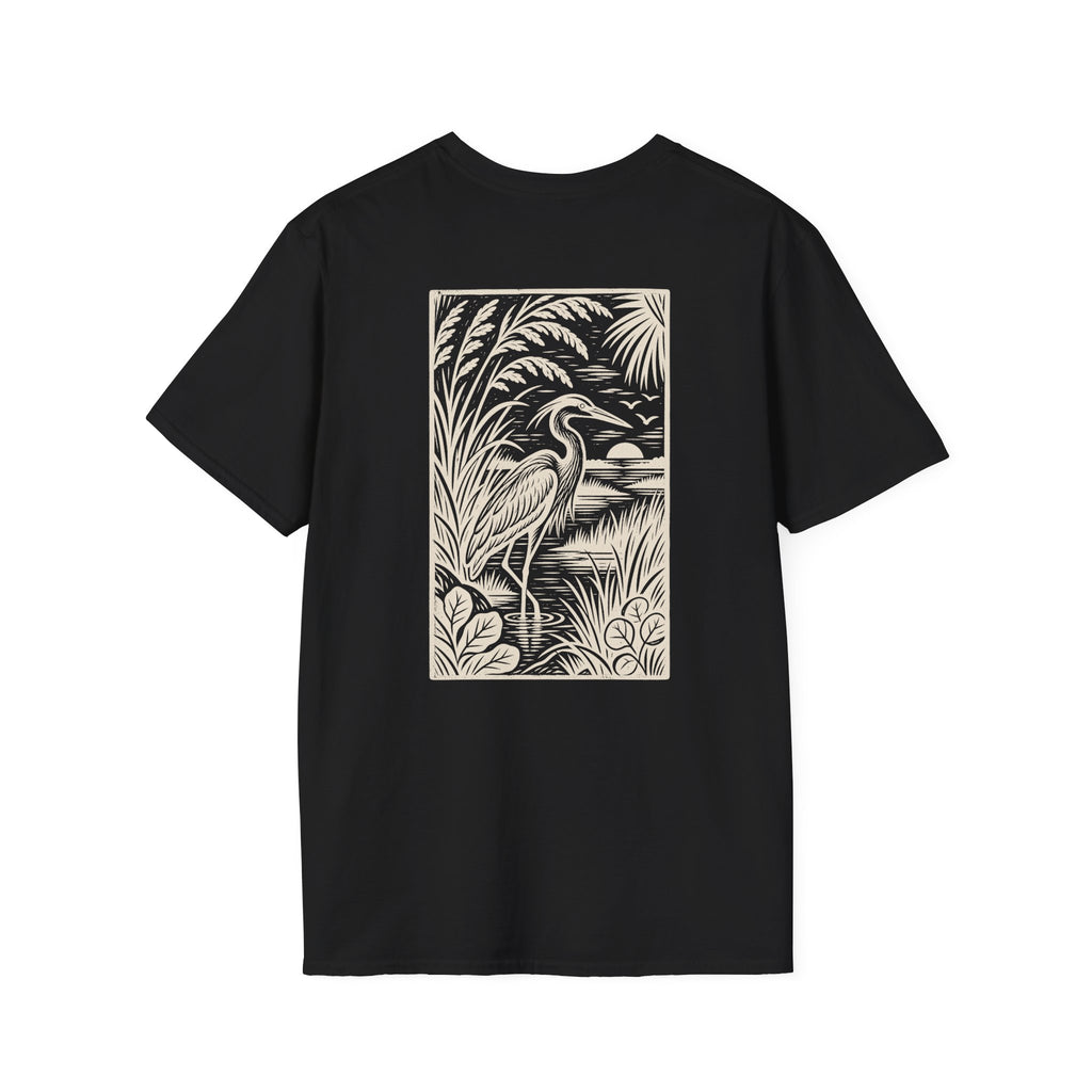 Heron Woodcut Back Design T-Shirt