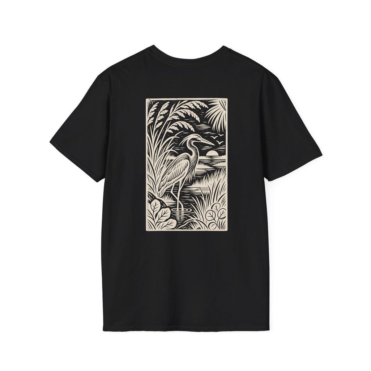Heron Woodcut Back Design T-Shirt
