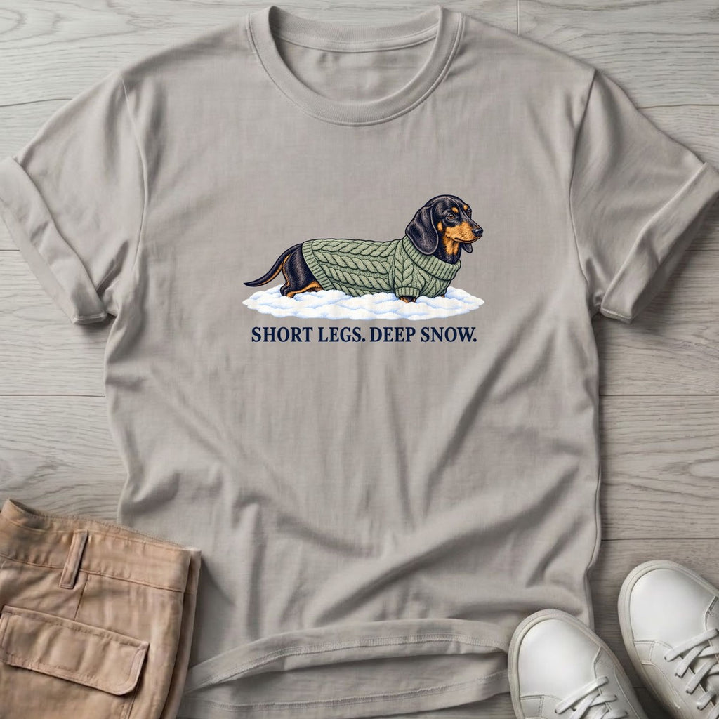 Short Legs Deep Snow Dachshund T-Shirt in Ice Grey, Salty Paws T-Shirt, front design flat lay