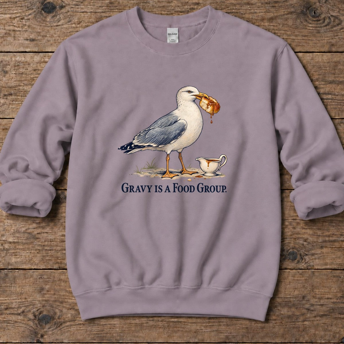 Gravy Is a Food Group Seagull Midweight Sweatshirt in Paragon, Salty Paws Midweight Sweatshirt, front design flat lay