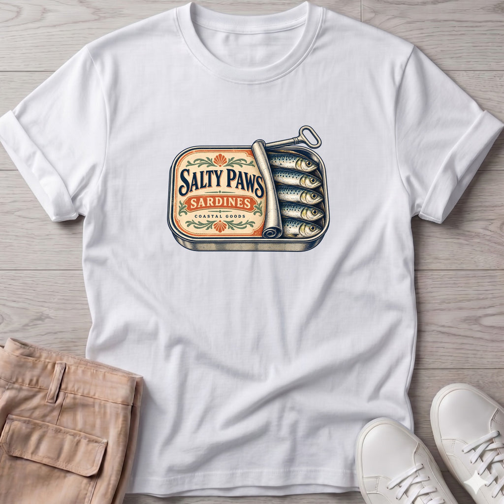 Salty Paws Sardines Coastal Goods T-Shirt in White, Salty Paws T-Shirt, front design flat lay