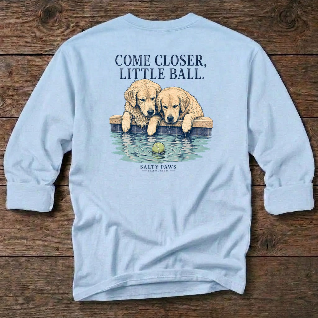 Come Closer Retrievers Back Design T-Shirt in Light Blue, Salty Paws coastal long sleeve tee