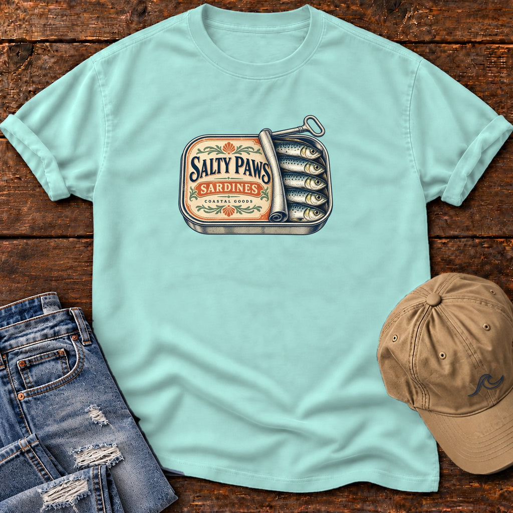Salty Paws Sardines Coastal Goods T-Shirt in Chalky Mint, Salty Paws Comfort Colors T-Shirt, front design flat lay