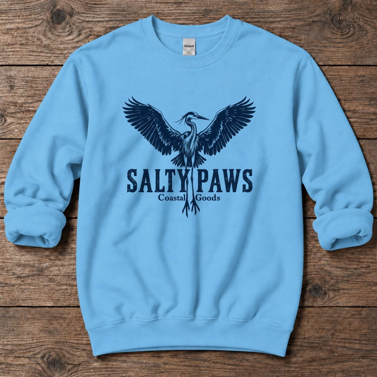 Rising Heron Salty Paws Coastal Goods Midweight Sweatshirt in Sky, Salty Paws Midweight Sweatshirt, front design flat lay