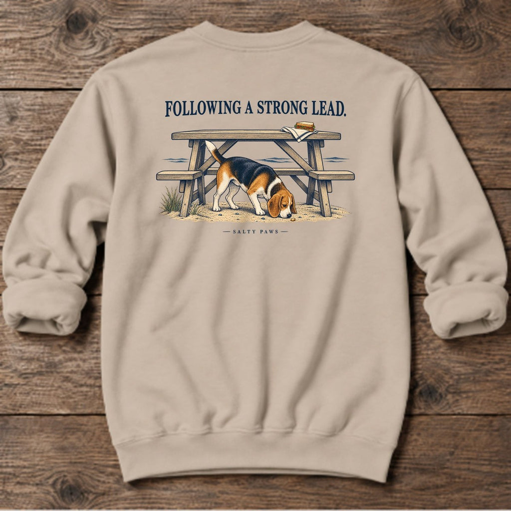 Following a Strong Lead Beagle Back Design Midweight Sweatshirt in Sand, Salty Paws Midweight Sweatshirt, back design flat lay