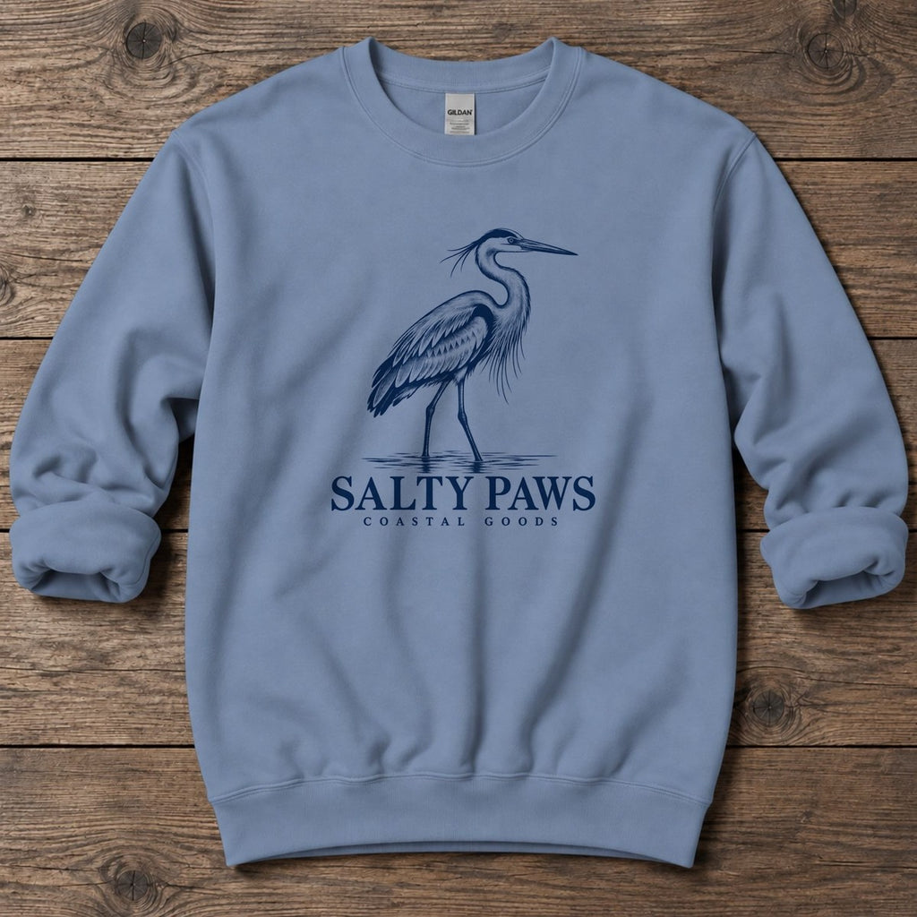 Great Blue Heron Coastal Goods Midweight Sweatshirt in Stone Blue, Salty Paws Midweight Sweatshirt, front design flat lay