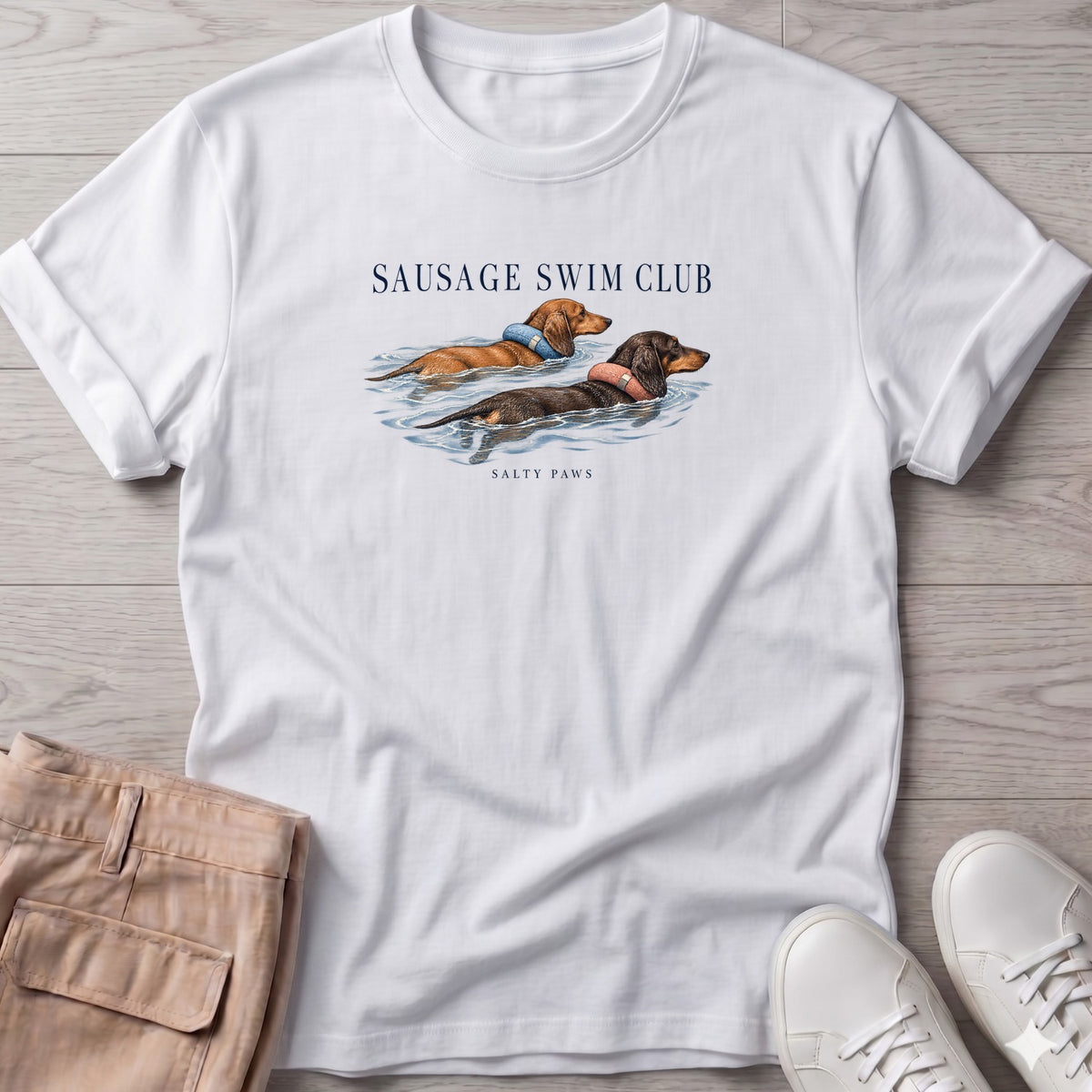Sausage Swim Club Dachshunds T-Shirt in White, Salty Paws T-Shirt, front design flat lay