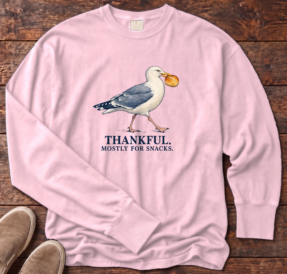 Thankful Mostly for Snacks Seagull Long Sleeve Tee in Blossom, Salty Paws Comfort Colors Long Sleeve Tee, front design flat lay