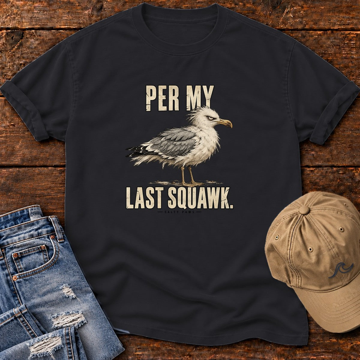 Per My Last Squawk Seagull T-Shirt in Black, Salty Paws Comfort Colors T-Shirt, front design flat lay