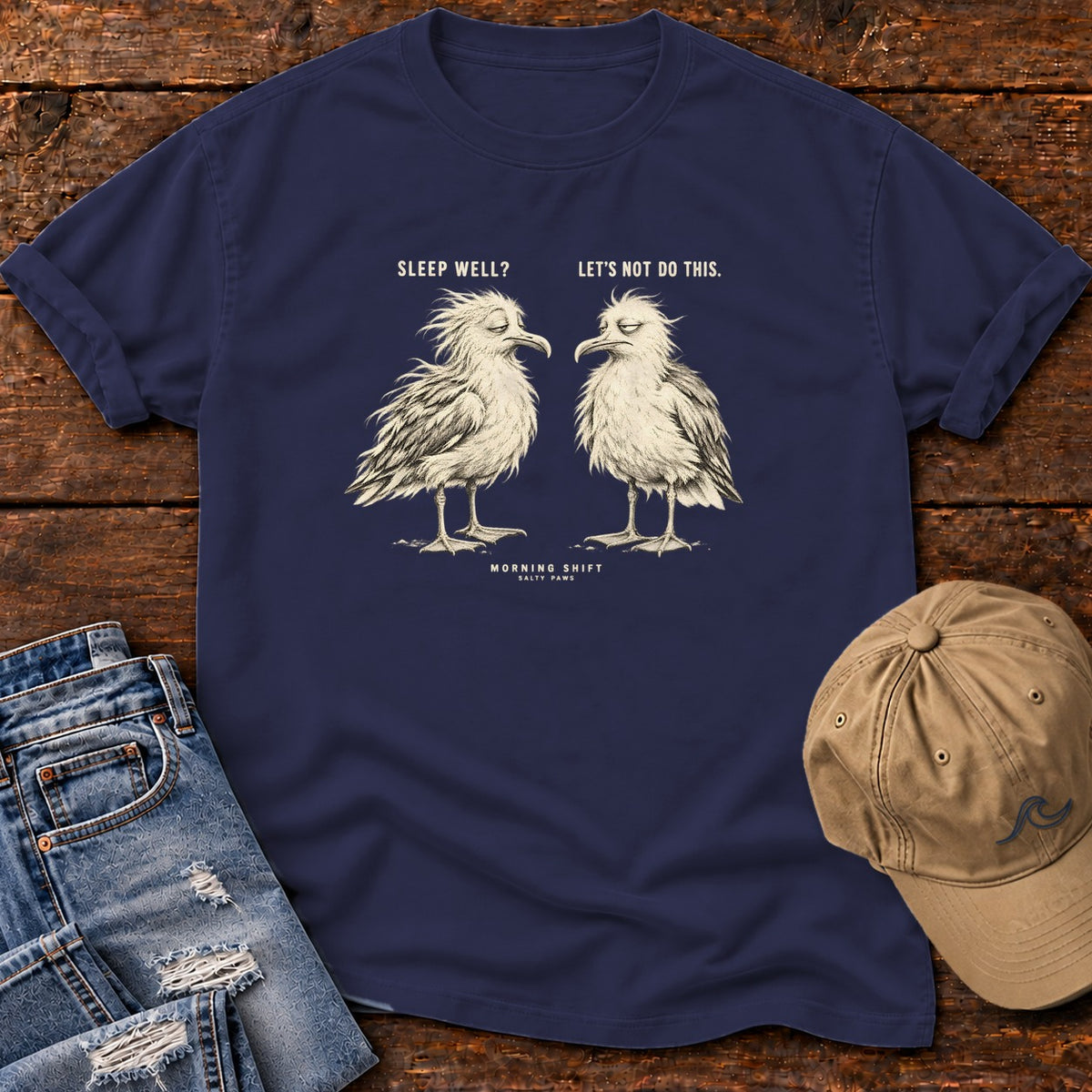 Sleep Well Let's Not Do This Seagulls T-Shirt in True Navy, Salty Paws Comfort Colors T-Shirt, front design flat lay