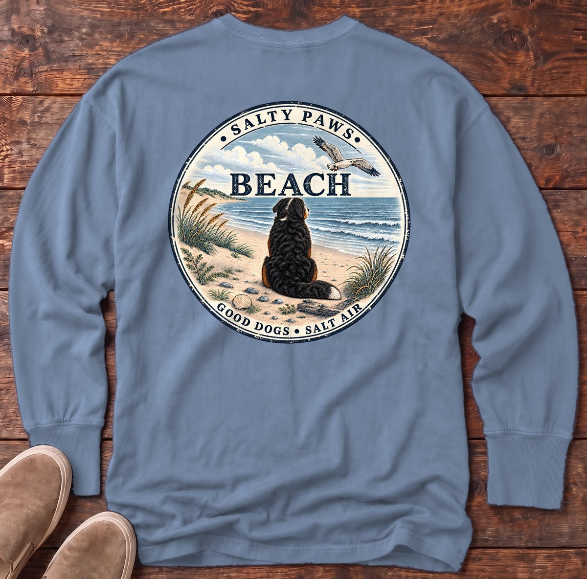 Salty Paws Beach Bernese Back Design Long Sleeve Tee in Blue Jean, Salty Paws Comfort Colors long sleeve tee