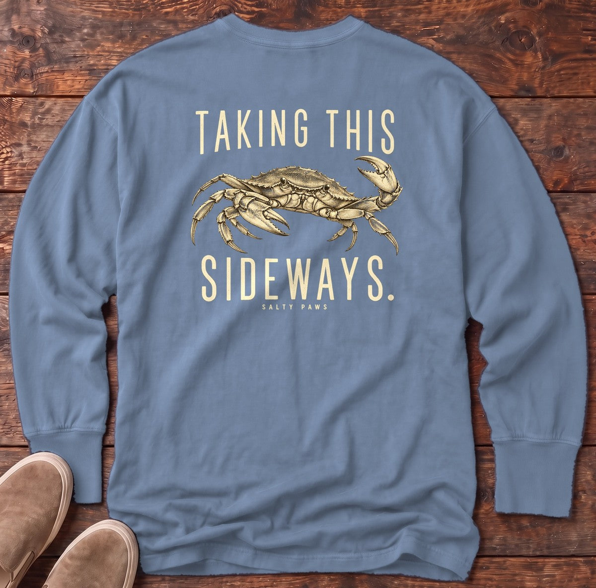 Taking This Sideways Crab Back Design Long Sleeve Tee in Blue Jean, Salty Paws Comfort Colors Long Sleeve Tee, back design flat lay