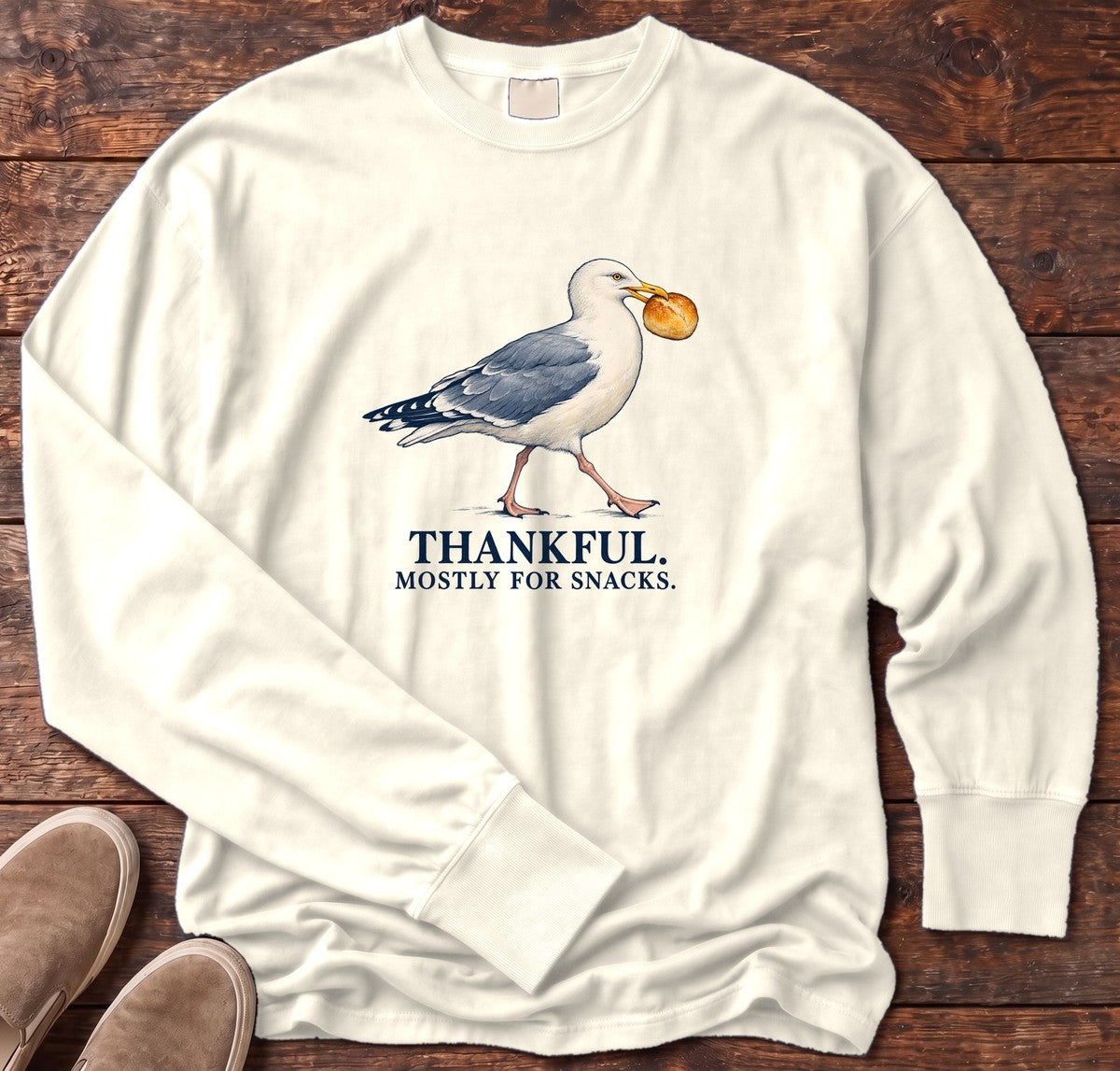 Thankful Mostly for Snacks Seagull Long Sleeve Tee in Ivory, Salty Paws Comfort Colors Long Sleeve Tee, front design flat lay