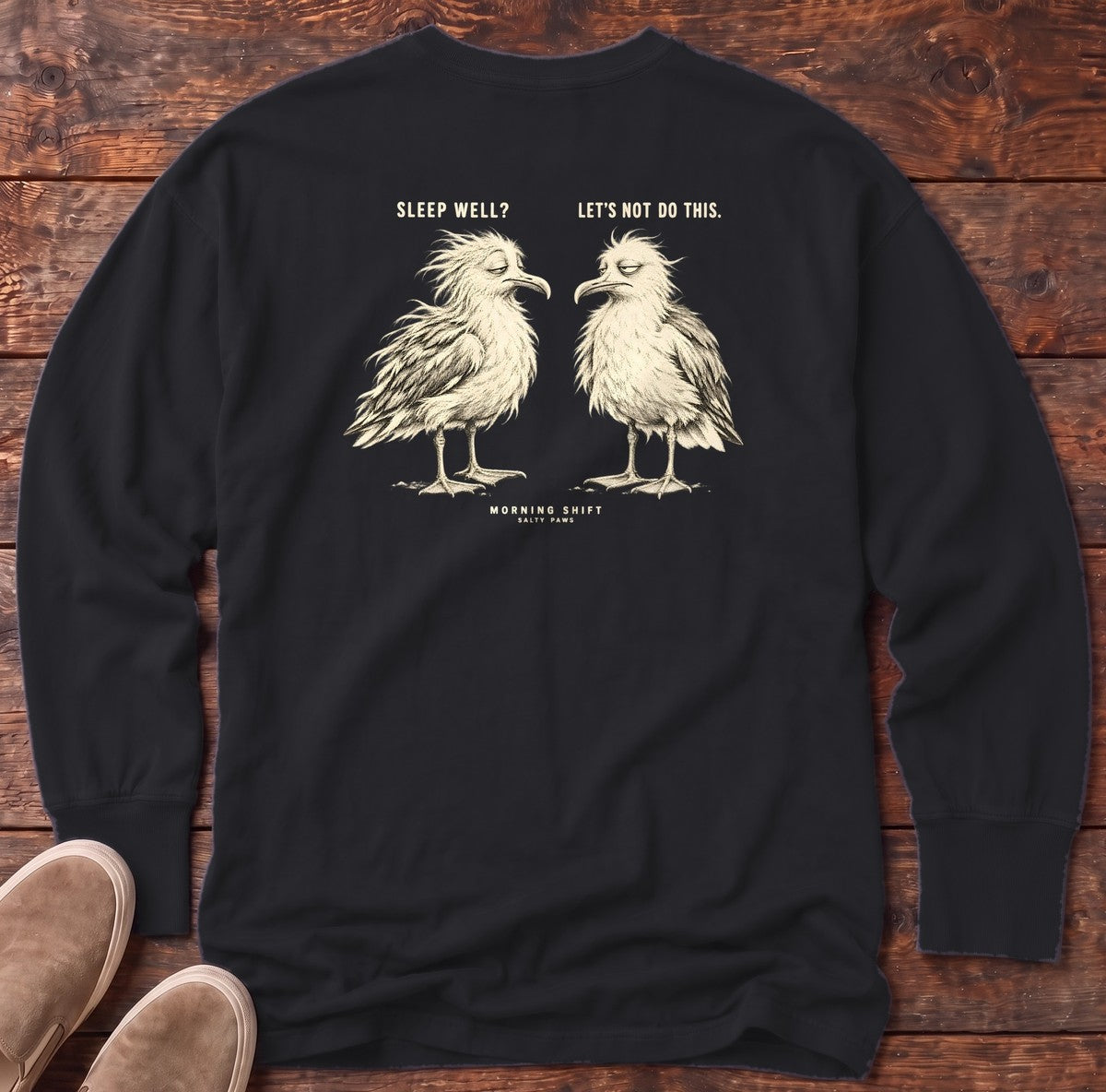 Morning Shift Gulls Back Design Long Sleeve Tee in Black, Salty Paws Comfort Colors Long Sleeve Tee, back design flat lay