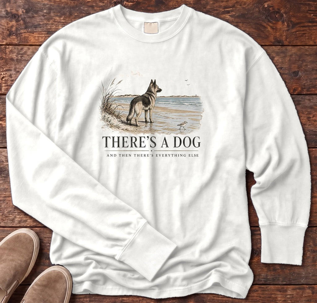 There's a Dog Shepherd Long Sleeve Tee in White, Salty Paws Comfort Colors long sleeve tee