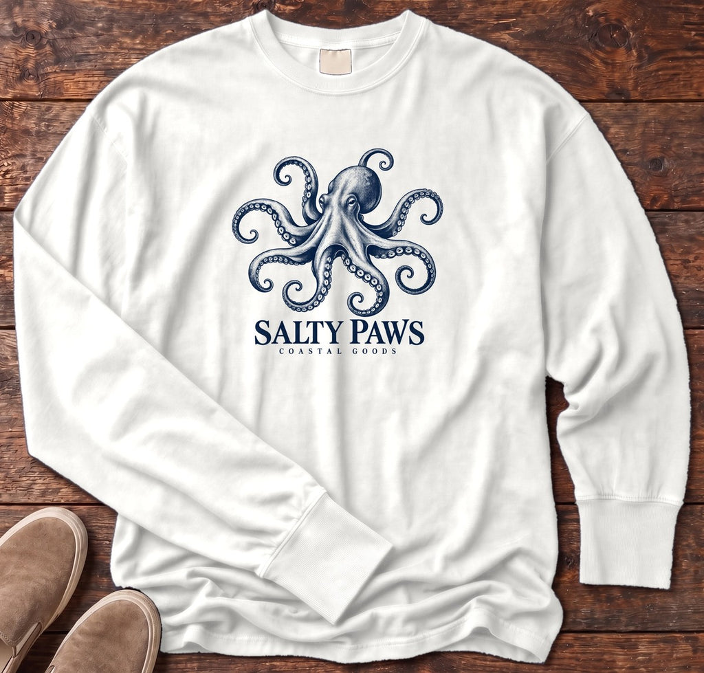 Octopus Coastal Goods Long Sleeve Tee in White, Salty Paws Comfort Colors Long Sleeve Tee, front design flat lay