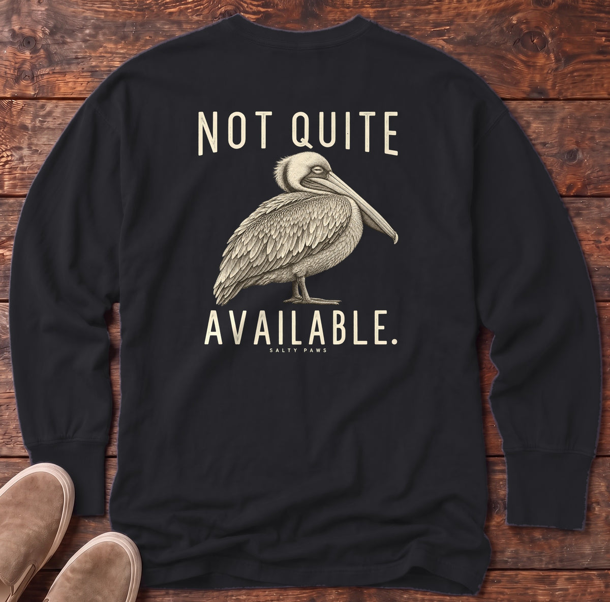 Not Quite Available Pelican Back Design Long Sleeve Tee in Black, Salty Paws Comfort Colors Long Sleeve Tee, back design flat lay