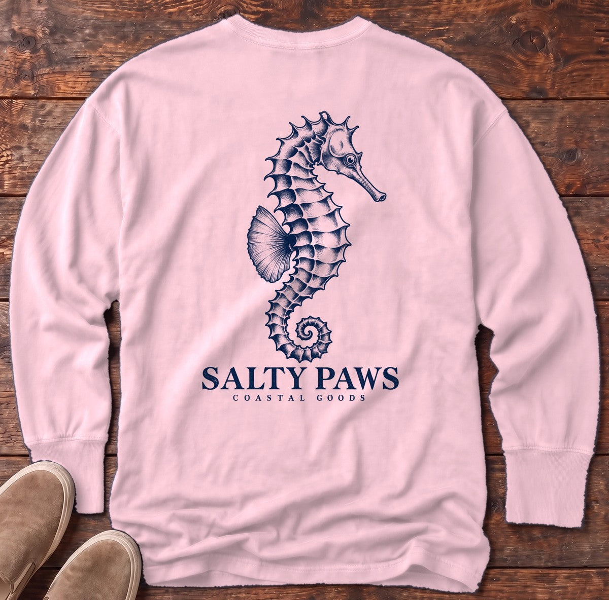 Seahorse Coastal Goods Back Design Long Sleeve Tee in Blossom, Salty Paws Comfort Colors Long Sleeve Tee, back design flat lay