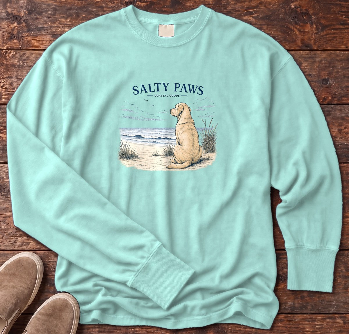 SP Yellow Lab Long Sleeve Tee in Chalky Mint, Salty Paws Comfort Colors long sleeve tee