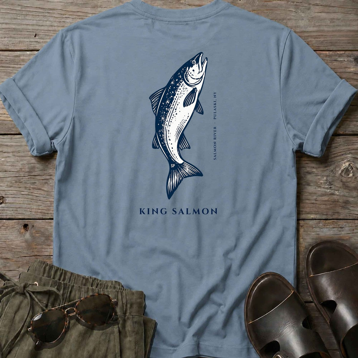 King Salmon Salmon River back design tee in Stone Blue