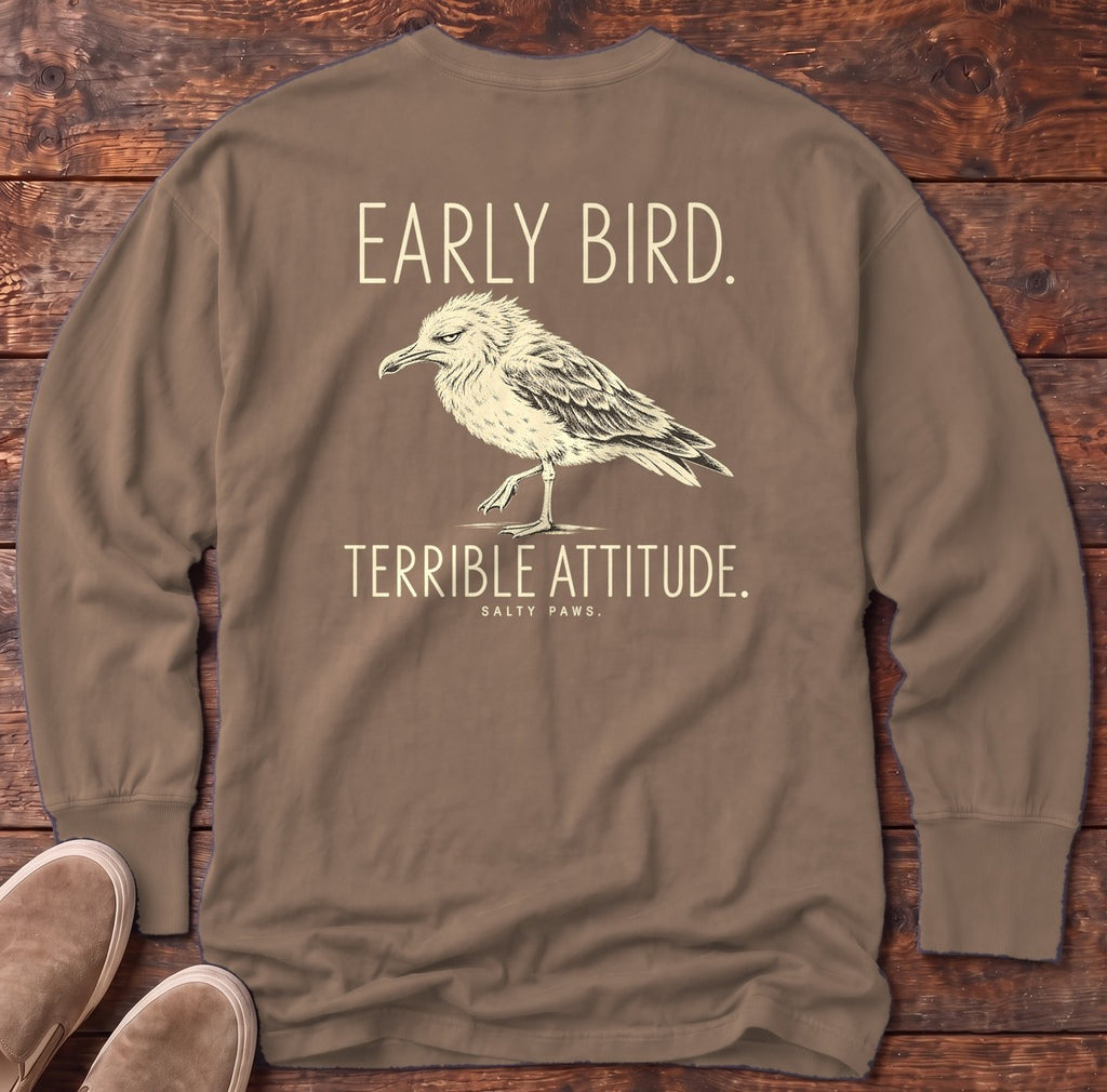 Early Bird Terrible Attitude Seagull Back Design Long Sleeve Tee in Espresso, Salty Paws Comfort Colors Long Sleeve Tee, back design flat lay