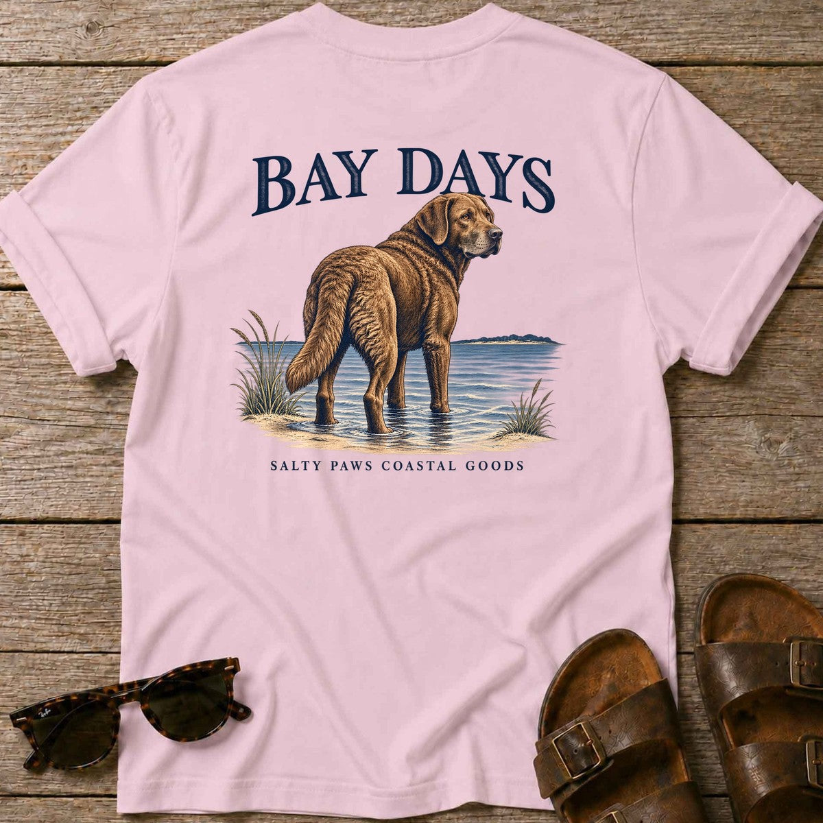Bay Days Chesapeake Bay Retriever Back Design T-Shirt in Light Pink, Salty Paws coastal t-shirt