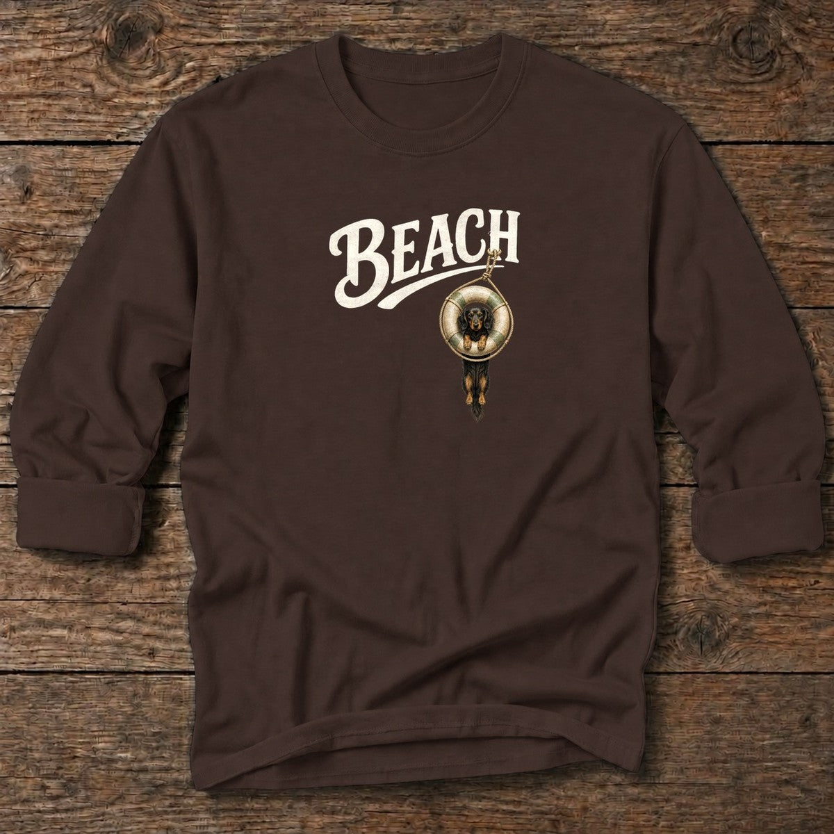 Beach Doxie Tube T-Shirt in Dark Chocolate, Salty Paws coastal long sleeve tee