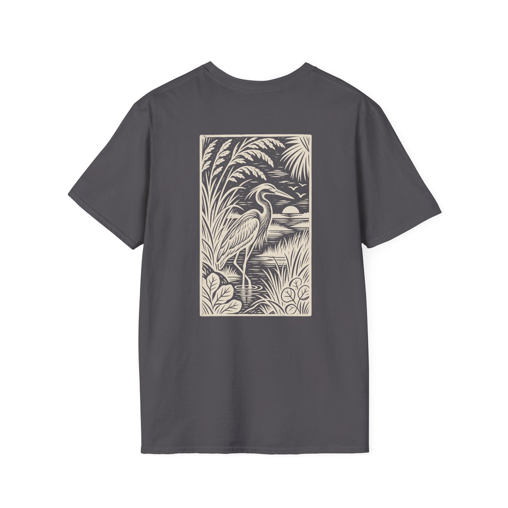 Heron Woodcut Back Design T-Shirt
