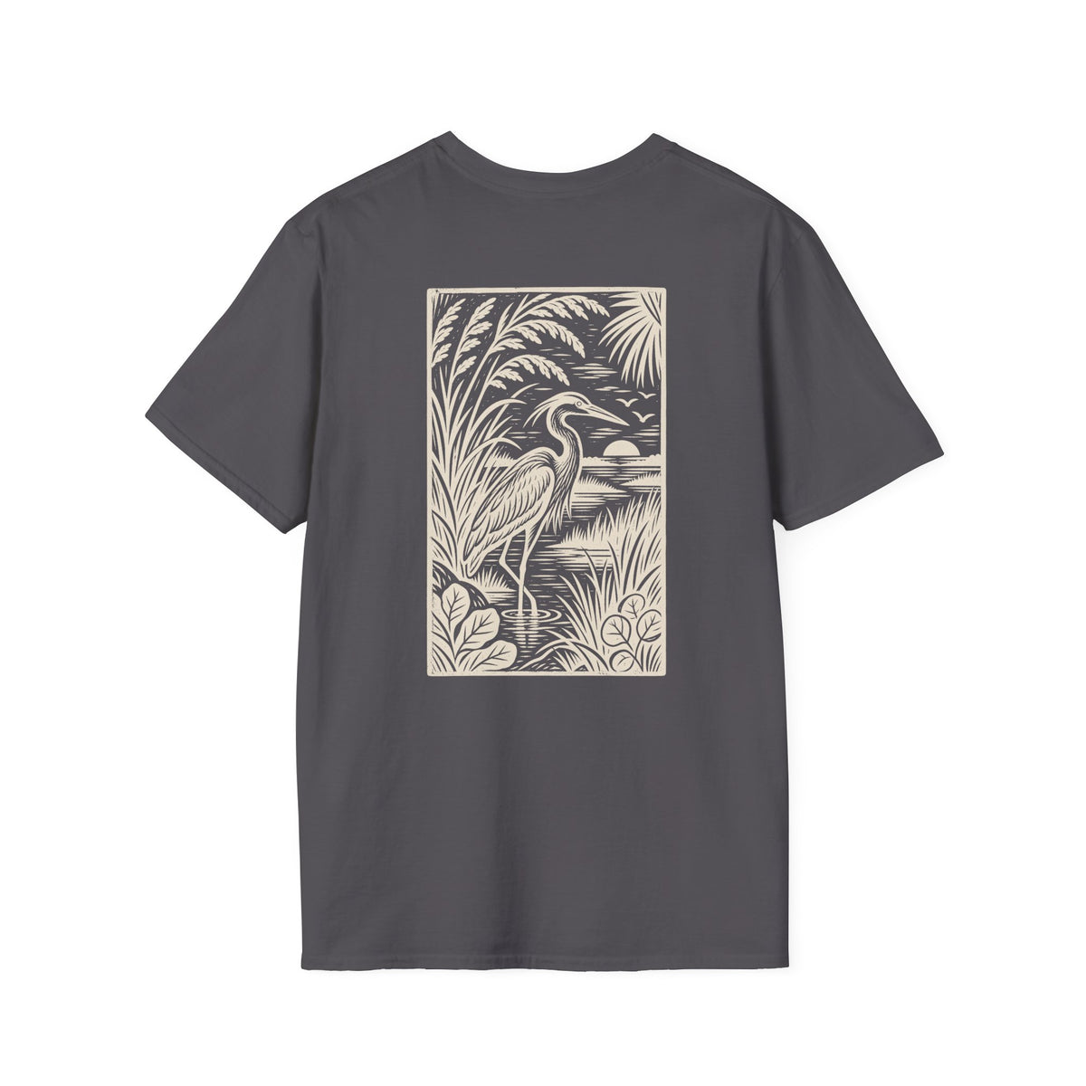 Heron Woodcut Back Design T-Shirt