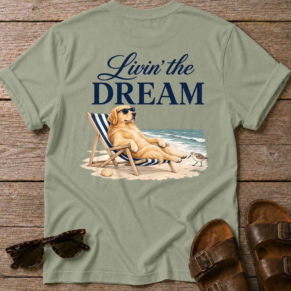 Livin' the Dream Golden Retriever Back Design T-Shirt in Sage, Salty Paws coastal t-shirt