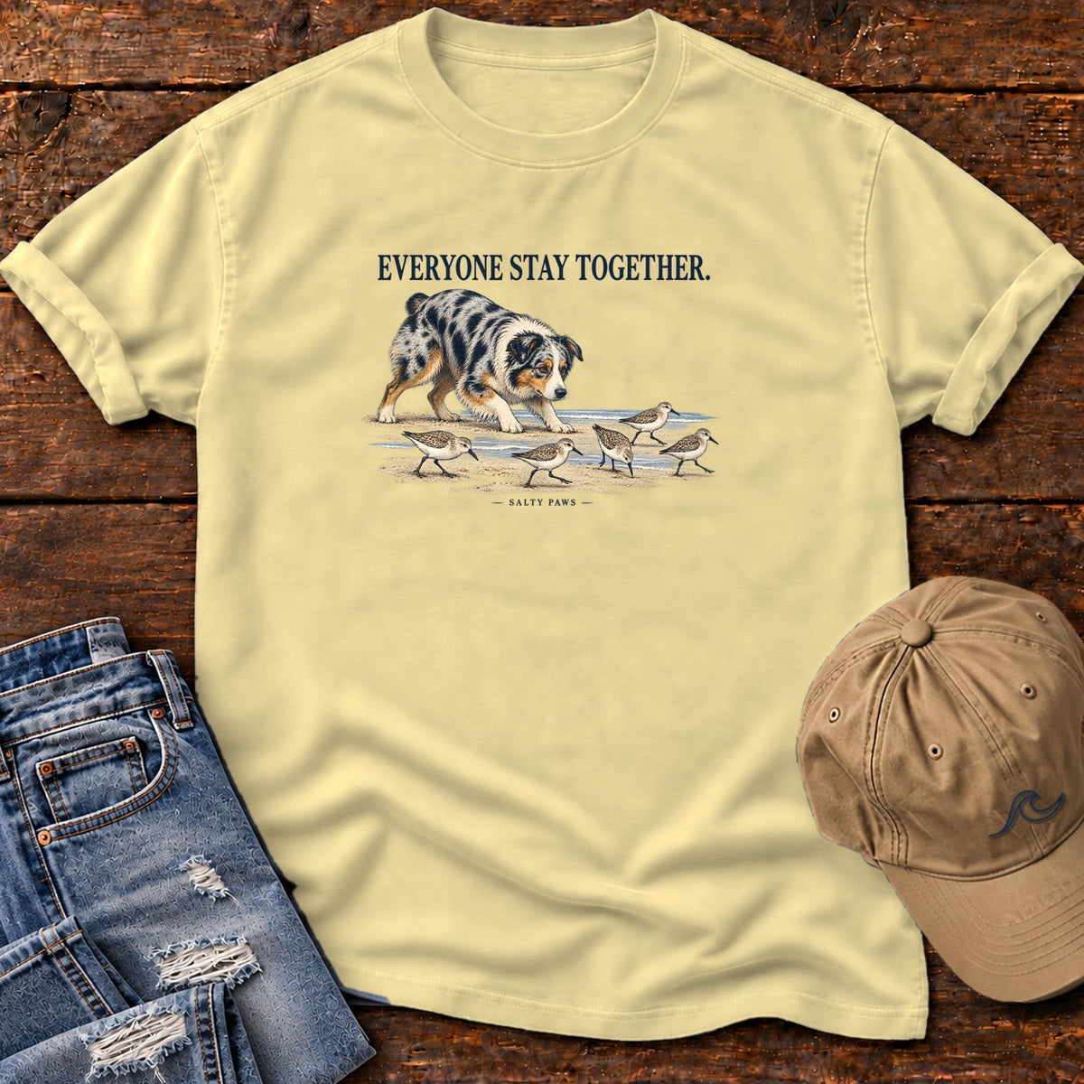 Everyone Stay Together Australian Shepherd T-Shirt in Butter, Salty Paws Comfort Colors T-Shirt, front design flat lay
