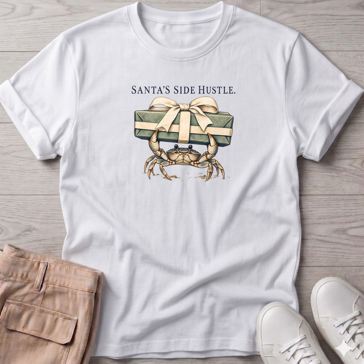 Santa's Side Hustle Crab T-Shirt in White, Salty Paws T-Shirt, front design flat lay