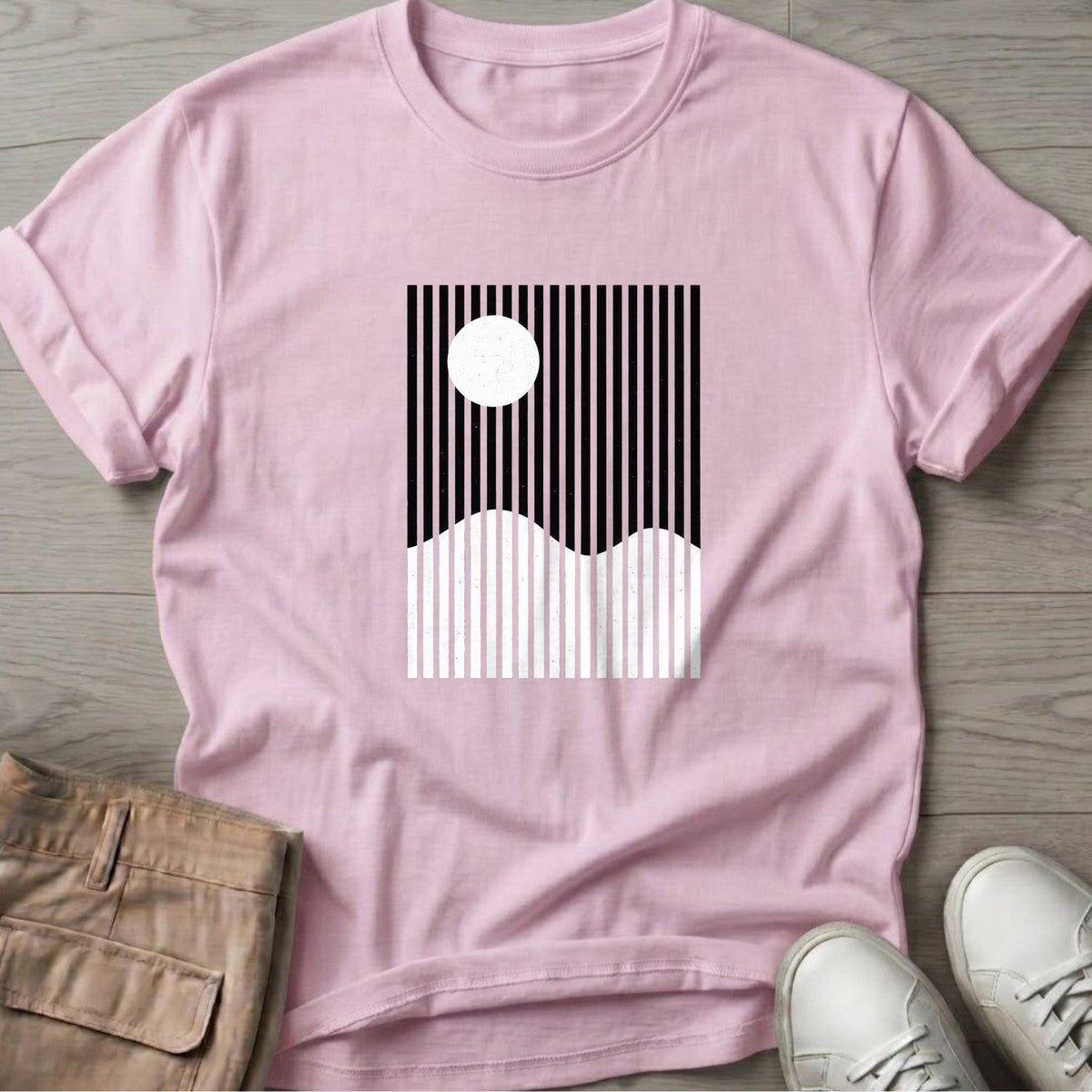 Ocean Sun Stripes T-Shirt in Light Pink, Salty Paws T-Shirt, front design flat lay