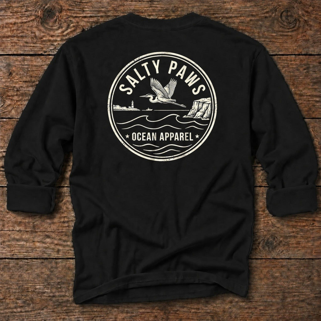 Heron Emblem Back Design T-Shirt in Black, Salty Paws coastal long sleeve tee