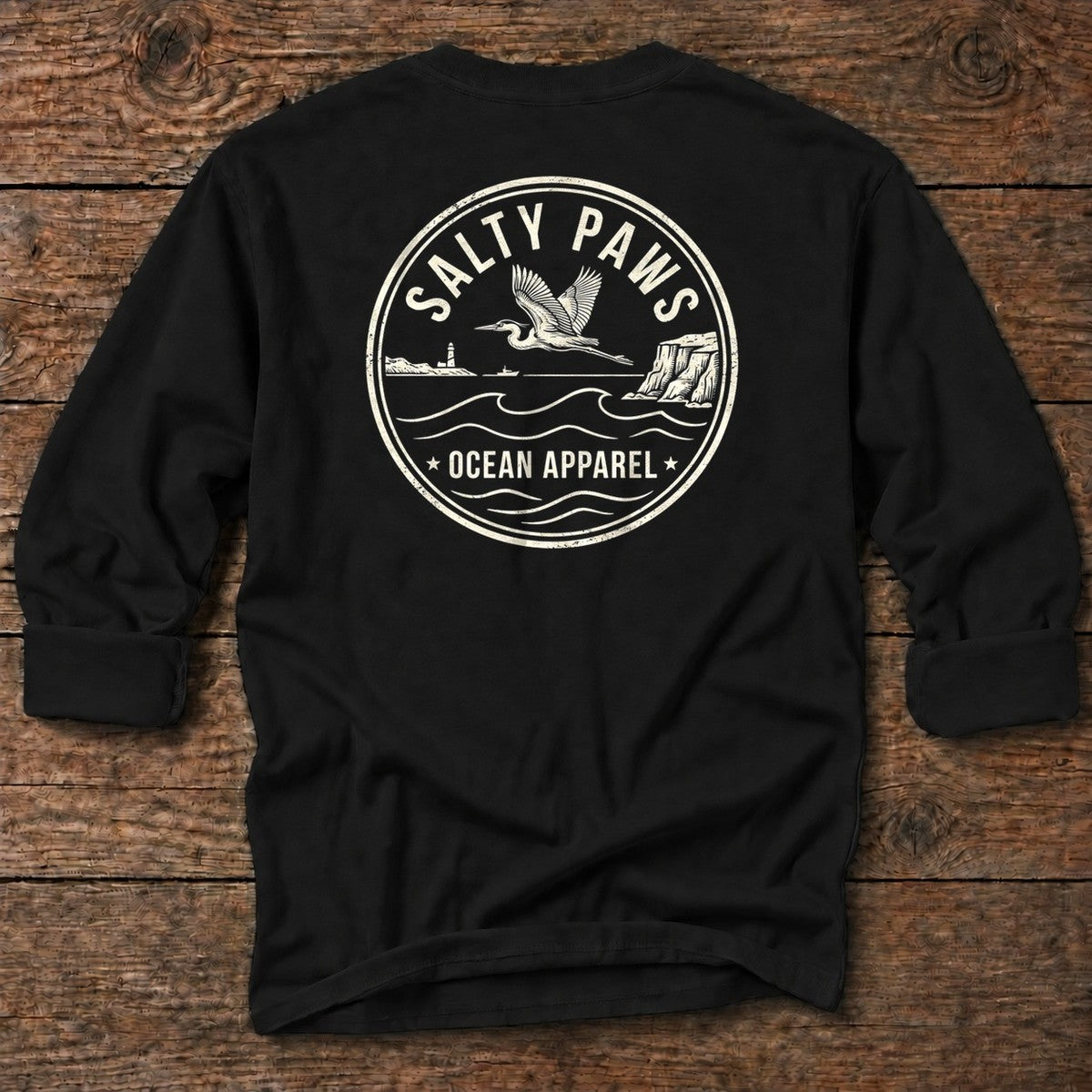 Heron Emblem Back Design T-Shirt in Black, Salty Paws coastal long sleeve tee