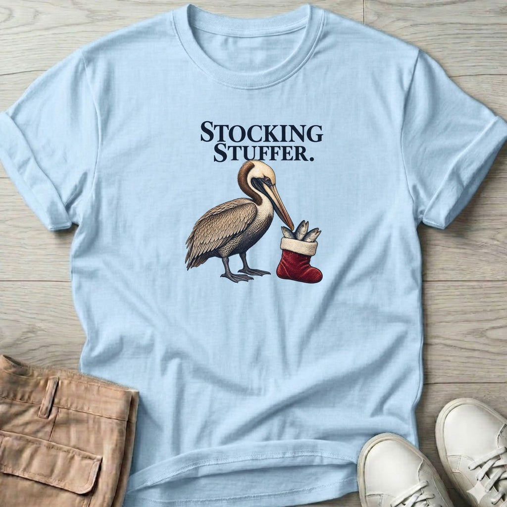 Stocking Stuffer Pelican T-Shirt in Light Blue, Salty Paws T-Shirt, front design flat lay