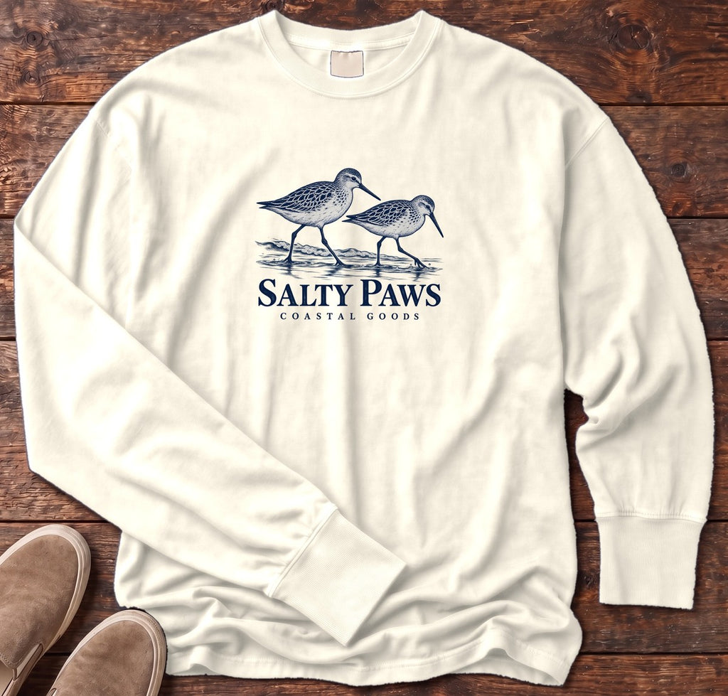 Two Sandpipers Long Sleeve Tee in Ivory, Salty Paws Comfort Colors Long Sleeve Tee, front design flat lay