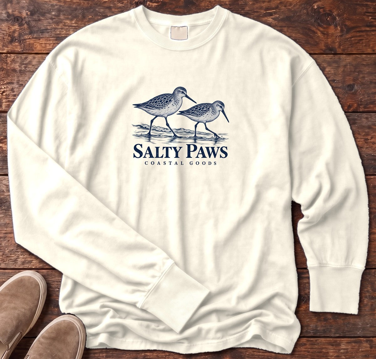 Two Sandpipers Long Sleeve Tee in Ivory, Salty Paws Comfort Colors Long Sleeve Tee, front design flat lay
