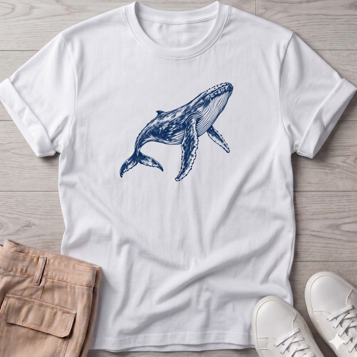 Humpback Whale T-Shirt in White, Salty Paws T-Shirt, front design flat lay