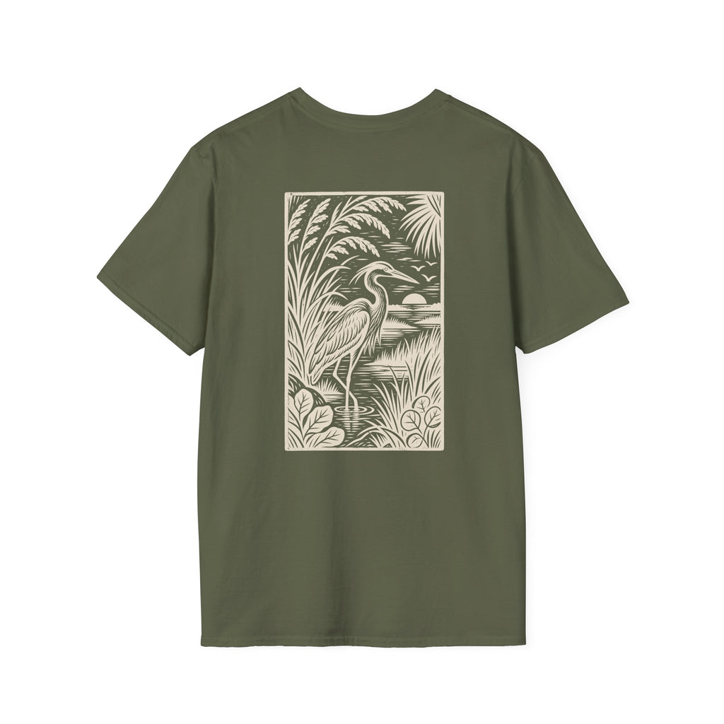 Heron Woodcut Back Design T-Shirt