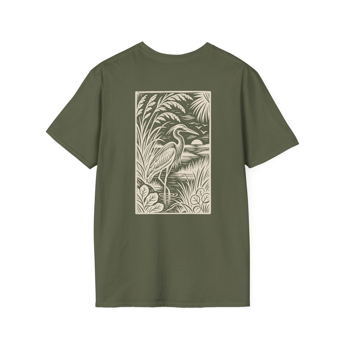Heron Woodcut Back Design T-Shirt