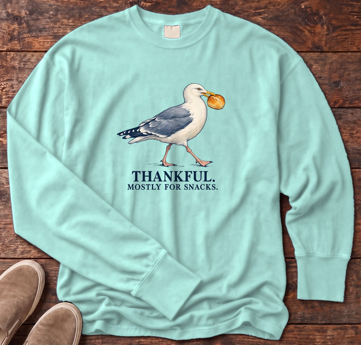 Thankful Mostly for Snacks Seagull Long Sleeve Tee in Chalky Mint, Salty Paws Comfort Colors Long Sleeve Tee, front design flat lay
