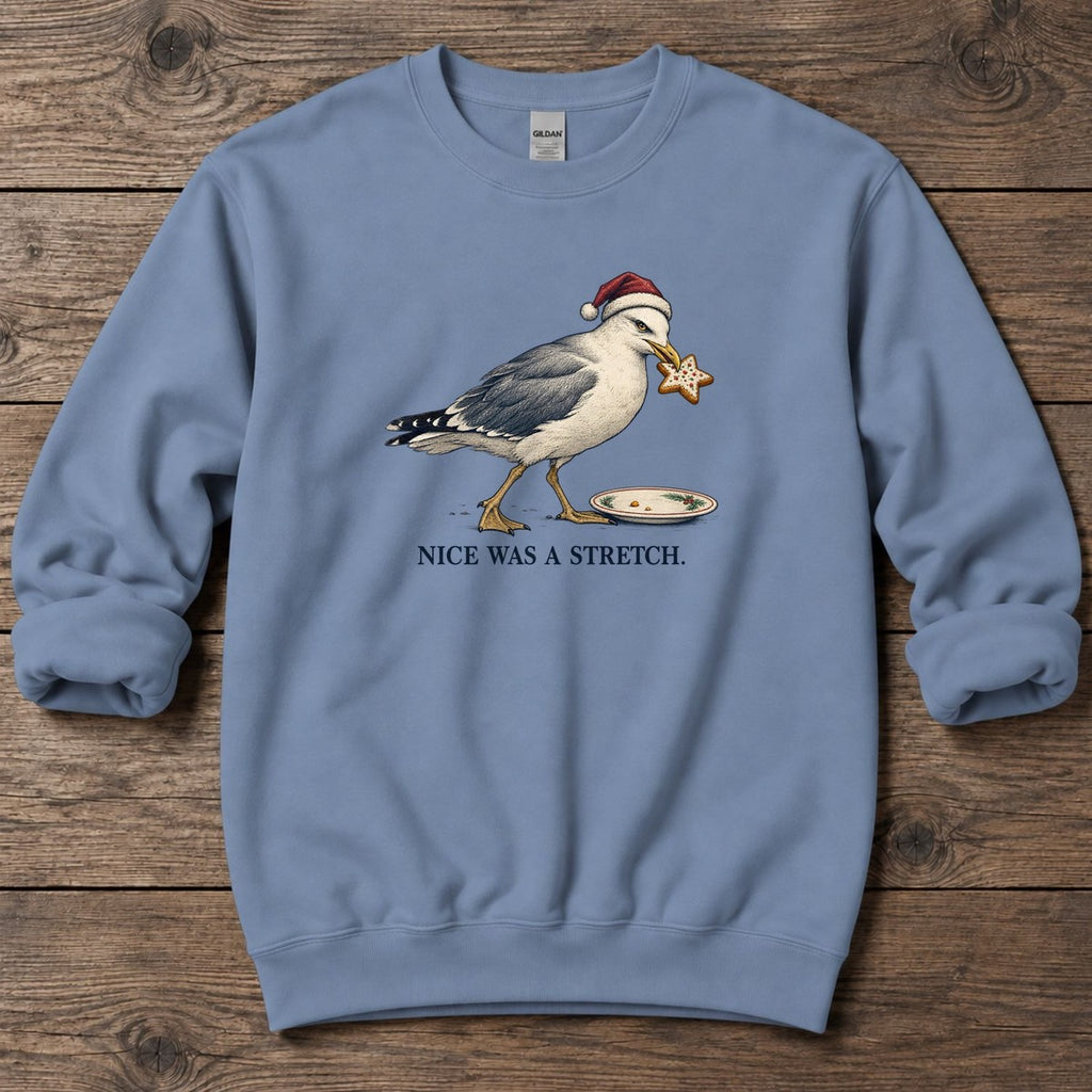 Nice Was a Stretch Seagull Midweight Sweatshirt in Stone Blue, Salty Paws Midweight Sweatshirt, front design flat lay