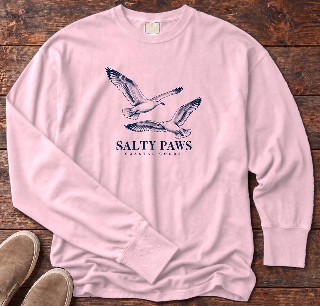 Gull Flight Coastal Goods Long Sleeve Tee in Blossom, Salty Paws Comfort Colors Long Sleeve Tee, front design flat lay