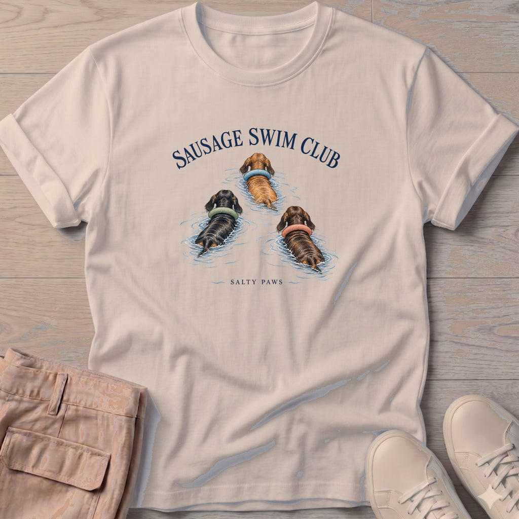 Sausage Swim Club Dachshund Trio T-Shirt in Sand, Salty Paws T-Shirt, front design flat lay